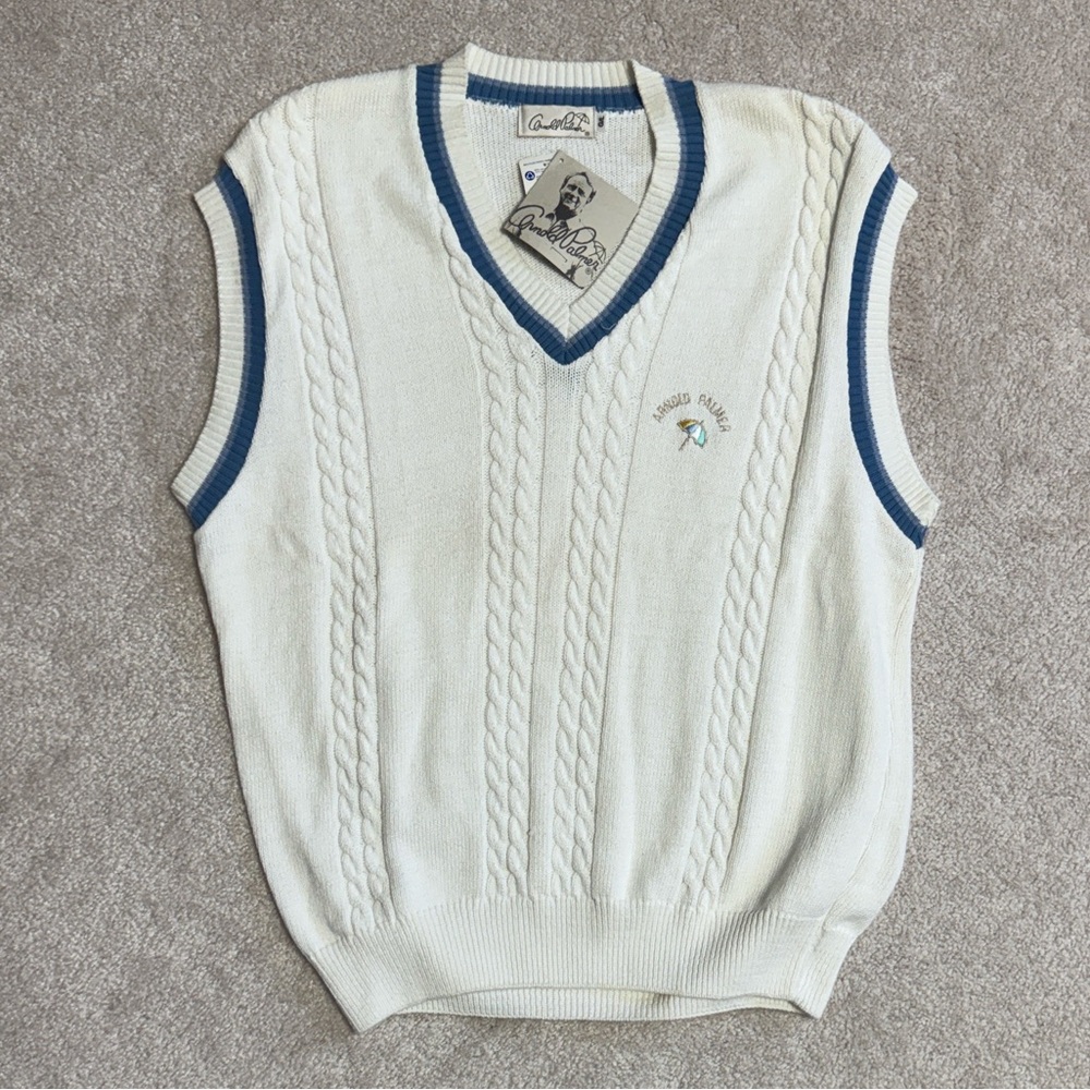 NEW Men's Arnold Palmer off White Sweater Vest with Blue Trim